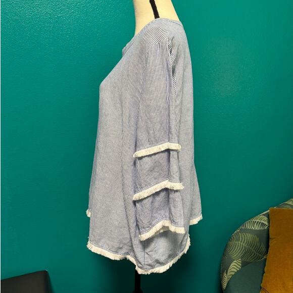 Cynthia Rowley Linen Cotton Blend Long Sleeve Blue & White Stripe Blouse 1X - Picture 5 of 10